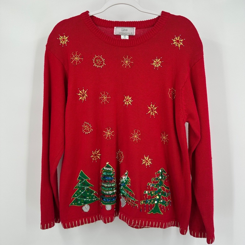 Lisa International Womens Vintage Christmas Sweater Size L Beaded Whimsical 90s